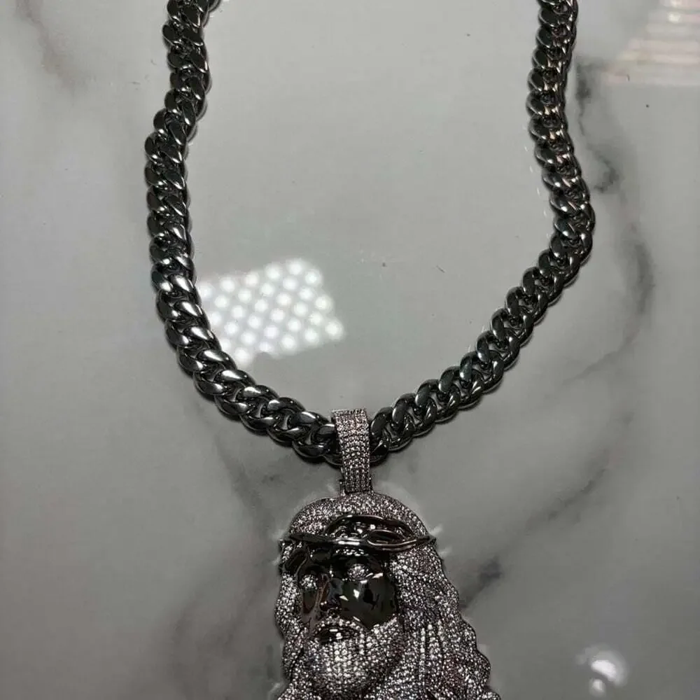 Silver Iced Out Jesus Pendant With Cuban Link 20inch